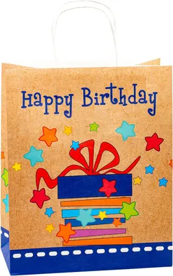 Productafbeelding van Papieren zakken, kraftpapier, 6 stuks, 32x26x12 cm, met verjaardagmotief, voor cadeaus