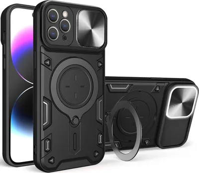 Image de Étui pour iPhone 12 Pro étui durable double couche avec protection de l'appareil photo et anneau de support noir