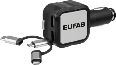 USB-Auto-Ladekabel, 3 Anschlüsse, 2,1 A, aufrollbar, schwarz