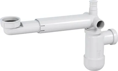 A white plastic sink siphon with adjustable parts.