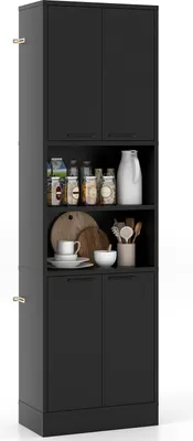 A black kitchen cabinet with multiple shelves and doors, displaying various kitchen items.