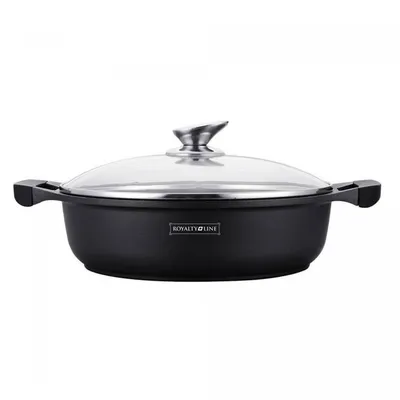 A black soup pot with a glass lid and silver handles, shown from the front on a white background.