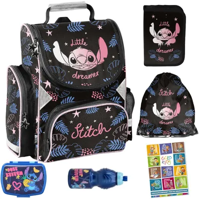 Produktbild von Schulranzen für Jungen und Mädchen, 6er-Set - Schul-Rucksack für Kinder mit Federmäppchen - Schuhbeutel und Hausaufgabenheft - Stitch Motiv