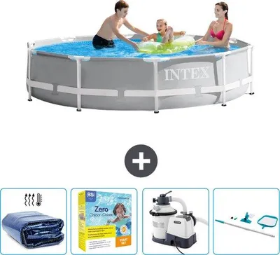 Produktbild von Intex Rond Prismatisches Schwimmbecken - 305 x 76 cm - Grau - Mit Sonnenschutz - Inkl. Reinigungspaket - Schwimmbeckenpumpe - Reinigungssatz