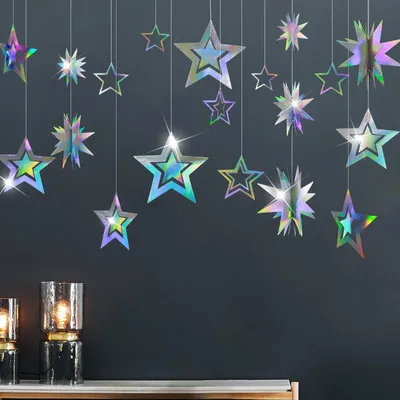 Produktbild von Glitzernde Sternengirlande, Regenbogenfarben, 3D-Sternenausschnitt, hängende Sterne, Partydekoration, Banner für Geburtstag, Sweet-Sixteen-Party, Heimdekoration