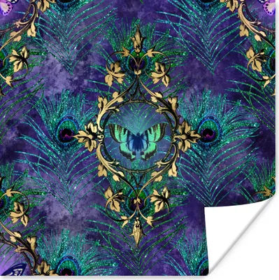 Produktbild von MuchoWow® Poster Muster - Pfauenfedern - Violett 50x50 cm - Wohnzimmerdekoration
