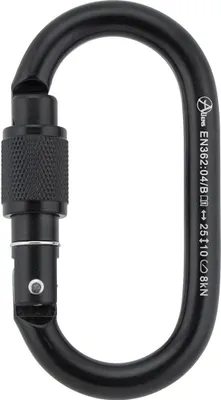 Schwarzer TOTAL OVAL Stahlkarabiner von Aliens; geeignet für Klettern; mit Schraubverschluss und einer Bruchlast von 8 kN.