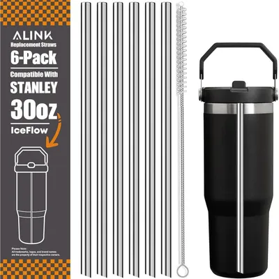Image de Ensemble de 6 pailles en acier inoxydable avec brosse de nettoyage, compatible avec le gobelet Stanley Iceflow de 30 oz (environ 890 ml)