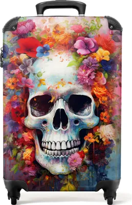 Produktbild von NoBoringSuitcases.com Hartschalen Handgepäck Koffer 55x35x20 cm, 36L, Drucke für Frauen: Bunt - Totenkopf mit Blumen, Reisekoffer mit 4 Rollen