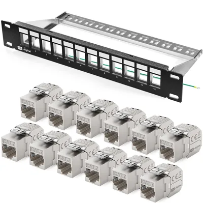 Produktbild von hb-digital Patchpanel 10 Zoll 12 Port CAT 7 mit RJ45 Keystone Modulen 1HE Schwarz