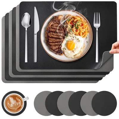 6er-Set Platzsets abwaschbar, Kunstleder, 42x30 cm, grau/schwarz