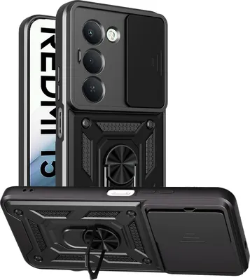 A black phone case with a sliding camera cover and a ring holder is shown from multiple angles against a white background.
