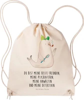 Produktbild von Mr. & Mrs. Panda Turnbeutel Robbe Sherlock - Transparent - Geschenk, wander rucksack, Gymbag, sporttasche klein, Baumwolltasche, Kleiner, Lustige Sprüche
