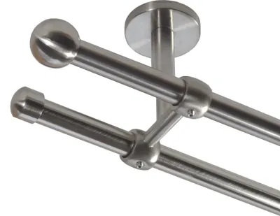 Produktbild von Gardinenstange Set Edelstahl Look Metall Ø 16mm Deckenbefestigung 2-lauf Kugel, Länge wählbar D21 E22 E17