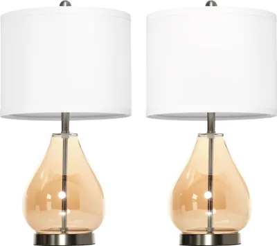 Zdjęcie produktu dla HOMCOM Zestaw 2 lamp stołowych, lampki stołowe E27, lampka nocna, len, szkło, bursztyn