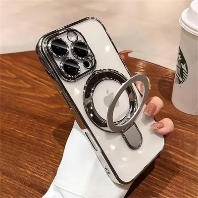 Produktbild von Luxus Case Hülle Für MagSafe mit Halterung Für iPhone 14 Pro Magnetische Ring Ständer Halter klar Acryl  Clear TPU Abdeckung Farbe Silber