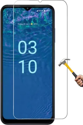 A screen protector is shown on a smartphone, with a hammer poised to strike it.