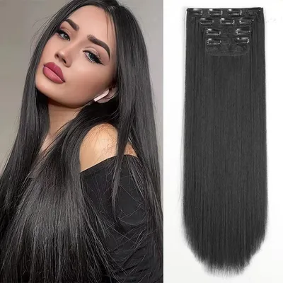 Image de Extension de cheveux synthétiques, couleur noire, lisses, 24 pouces, lot de 4 pièces