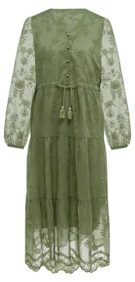 Produktbild von Damen Boho Kleid grün L V-Ausschnitt lange Bischofsärmel mit Bindegürtel