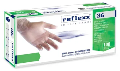Produktbild von Reflexx R36 Vinyl-Handschuhe ohne Puder, 100 % Latex, 4,4 g, frei von Kat.3, 100 Stück, S