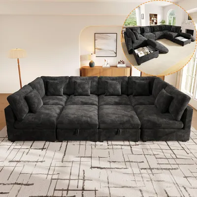 Immagine prodotto di Divano angolare a forma di "U" Merax XXL, divano modulare da 8 posti con funzione letto, 2 poggiapiedi con spazio contenitore, 6 cuscini, tasche laterali, tessuto in chenille, colore grigio
