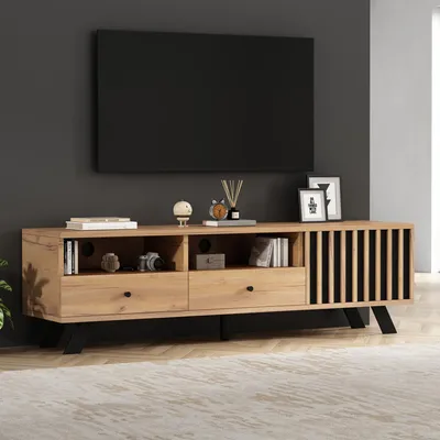 Image de MODFU Meuble TV，Meuble TV Bas avec 2 Tiroirs et 1 Porte，Petit Meuble Multimédia Salon，Panneau de Particules，150×38×44 cm，Bois + Noir