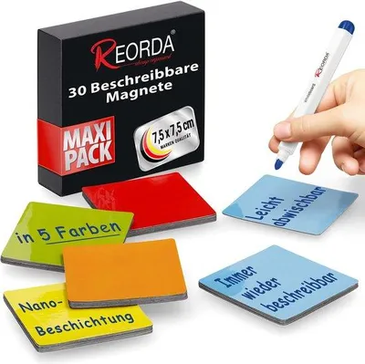 Produktbild von Reorda Beschrijfbare Magneetstrips - 30 herschrijfbare magneten - 7,5 x 7,5 cm (kleurrijk) - voor whiteboards, Kanbanböden, Kühlschrank