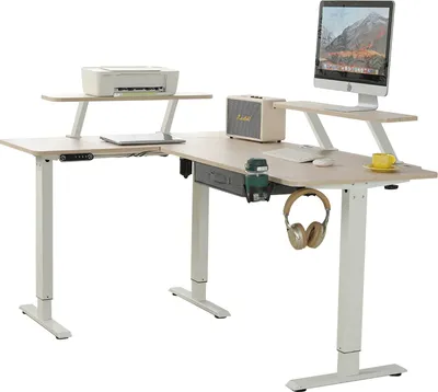Produktbild von Hilodesk L-Schreibtisch Elektrisch Höhenverstellbar Eckschreibtisch L Förmiger Bürotische Stehpult mit Monitorständer und Schublade 160cm, Beige