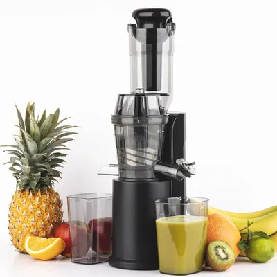 A slow juicer is shown with various fruits and a glass of juice.