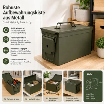 Produktbild von Robuste Aufbewahrungskiste aus Metall – 30 x 19 x 15,5 cm – stabile Metallbox mit Deckel, Verschluss & Tragegriff – Grün, KI-generiertes Bild