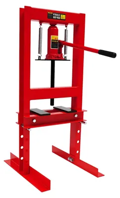Immagine prodotto di Pressa idraulica per officina - Pressa metallica da 6 tonnellate - Sistema idraulico manuale - Struttura con altezza regolabile - Pressa da banco mobile - Azionamento manuale - Colore: rosso