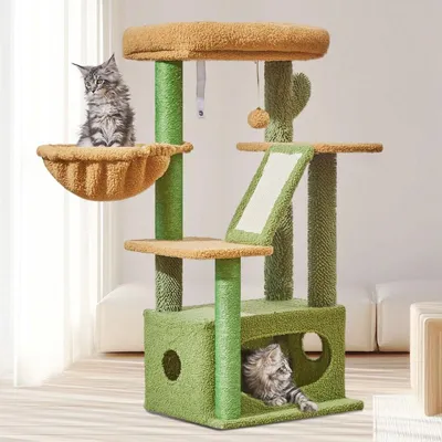 Image de Arbre à chat de 98 cm, avec 4 poteaux à gratter, des cachettes, un lit, des boules en peluche, idéal pour les petits espaces