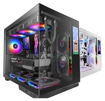 Two computer cases, one black and one white, are shown side-by-side. The black case is in the foreground and is transparent, showing the internal components and RGB lighting. The white case is in the background and is also transparent, revealing its intern