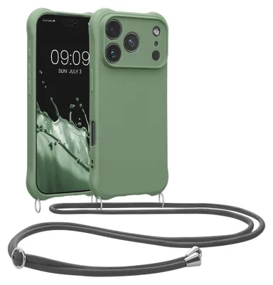 Produktbild von kwmobile Hülle mit Kordel für Apple iPhone 18 Pro / iPhone 17 Pro - TPU Silikon Handyhülle mit abnehmbarer Kordel, Necklace Case in Graugrün