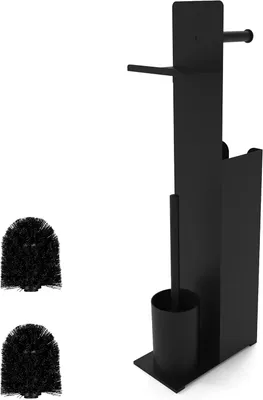 Image de Porte-rouleau de papier toilette mural avec étagère - Support de papier toilette et brosse WC - Noir - 67x22x12 cm