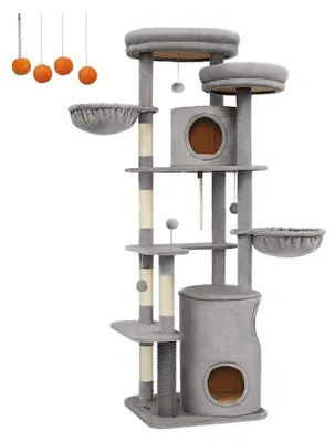 Produktbild von Großer Kratzbaum für Katzen – Kletterturm – Plüsch – Sisal – 60 x 55 x 196 cm – Hellgrau