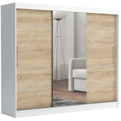 Produktbild von Schwebetürenschrank TOMY, 2-türig Schrank, Sonoma, 235 cm Kleiderschrank mit 4 Schubladen, Spiegel, Kleiderstangen und Regalen, ideal für Schlafzimmer