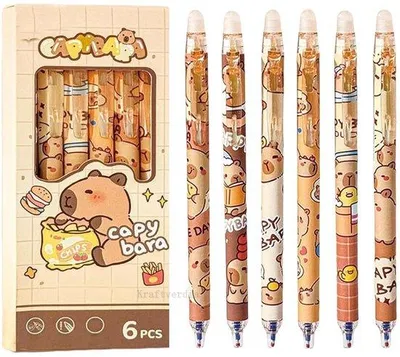 Produktbild von Capybara Stifte 6 Stück – Auswaschbare Kugelschreiber mit blauer Tinte – Schulbedarf – Niedliche Tiermotive – Für Jungen und Mädchen