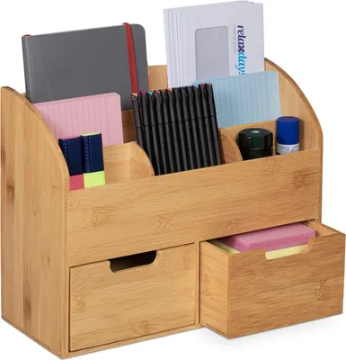 Productafbeelding van Bamboe bureaustoelorganizer met 6 vakken en 2 lades - voor kantoorbenodigdheden - pennenhouder - 26x33x13,5 cm