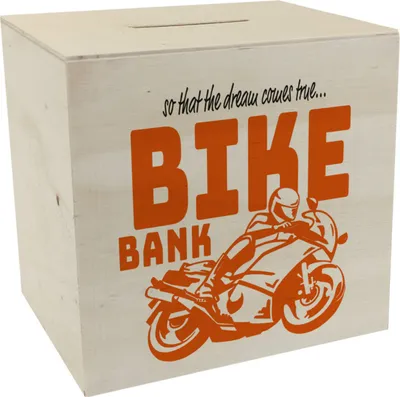Produktbild von Bike Bank Spardose aus Holz in orange zum Thema Motorradkauf und Motorrad fahren