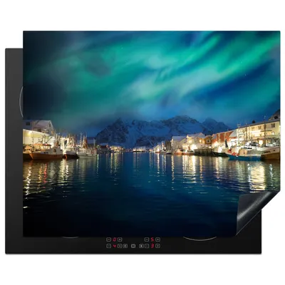 Produktbild von KitchenYeah© Herdabdeckplatte Nordlichter - Norwegen - Berg , 65x52cm, Küche Deko, Glaskeramikkochfeld Herdabdeckung, Abdeckplatte fùr Kochfeld