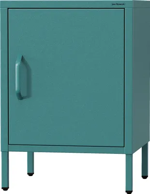 A teal metal cabinet with a single door and a handle, standing on four legs.