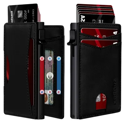 Produktbild von Slim Card Wallet für Herren mit Ausweisfenster - Minimalistische RFID Geldbörse, Pop-Up Funktion, Ultradünnes Design, Metall Visitenkartenetui Hält 8+ Karten, Geschenke für Männer, Männer