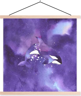 Produktbild von MuchoWow® Textilposter Fisch - Orca - Lila - Aquarell 60x60 cm mit holzfarbenen Rahmen - Wanddekoration