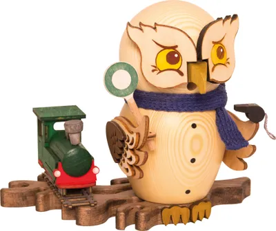 Produktbild von Drechslerei Kuhnert Räucherfiguren - Eule mit Eisenbahn - Eulen aus Holz - ca. 15 cm - 37243
