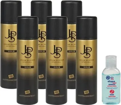 Produktbild von John Player Special GOLD 48h Antitranspirant Deodorant Spray 6 x 150 ml inklusive Gratis Vitapro Antibakteriell Handgel 50 ml