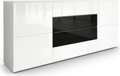 Produktbild von Vladon Sideboard Rova,  Germany, Kommode mit 4 Türen und 4 Schubladen, Weiß matt/Weiß Hochglanz/Schwarz Hochglanz (166 x 72 x 35 cm)