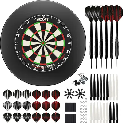 Produktbild von GOAT – Everscore NXT LVL Steeldartscheibe Set Rot, Inkl. Dart Surround (12 cm) & KOTO Dartpfeile Accessory Kit Steeltip Black 90 Pieces, Professionelle Sisal Dartscheibe aus Madagaskar