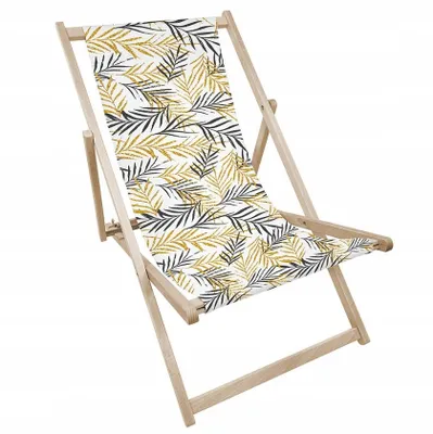 Produktbild von Liegestuhl klappbar aus Holz mit gold-grauem Blattmotiv – Klappstuhl Klappliege Sonnenstuhl Strandstuhl Gartenliege