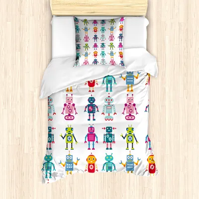 Produktbild von ABAKUHAUS Kindergarten Mantele, Karikatur-Roboter, Milbensicher Allergiker geeignet mit Kissenbezügen, 135 cm x 200 cm - 80 x 80 cm, Mehrfarbig